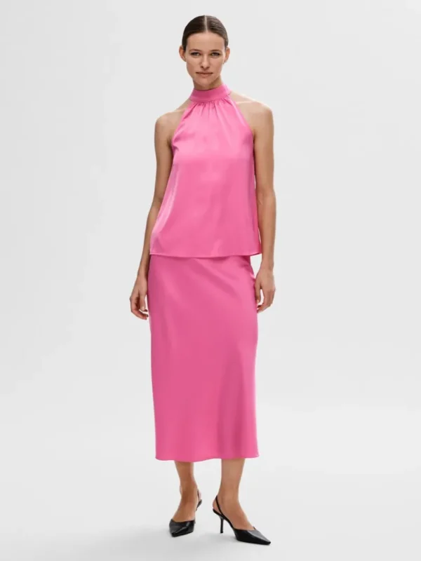 Toppe Og Bluser>SELECTED SATIN HALTERNECK TOP Pink