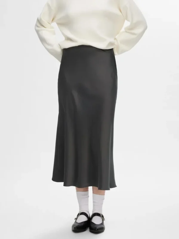 Nederdele>SELECTED SATIN MIDINEDERDEL Grey