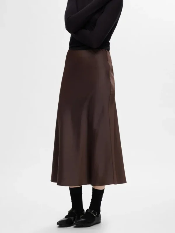 Nederdele>SELECTED SATIN MIDINEDERDEL Brown
