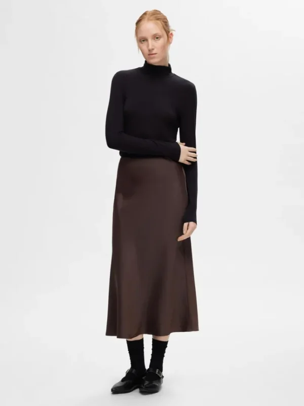 Nederdele>SELECTED SATIN MIDINEDERDEL Brown