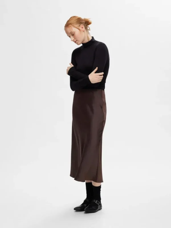 Nederdele>SELECTED SATIN MIDINEDERDEL Brown
