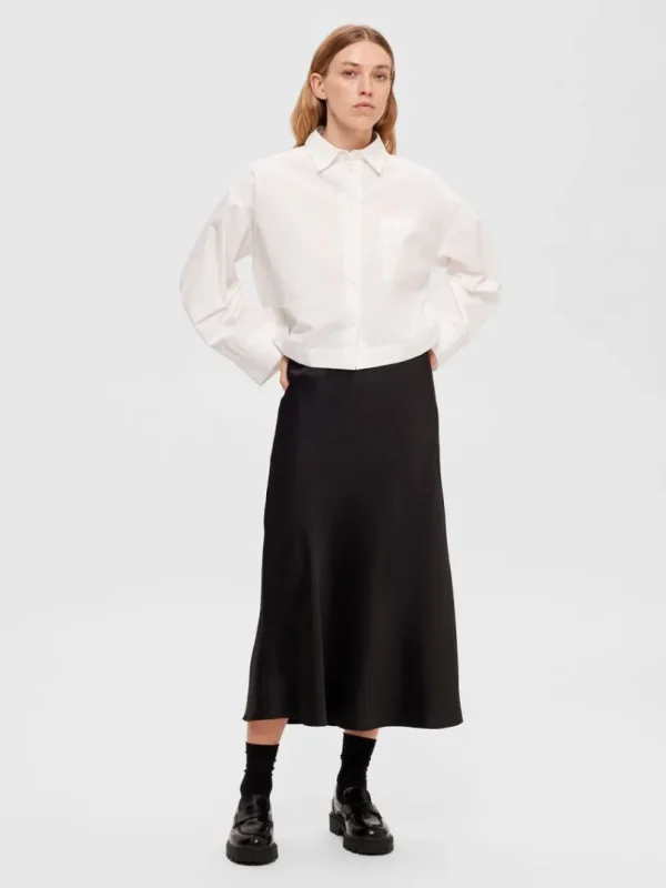Nederdele>SELECTED SATIN MIDINEDERDEL Black