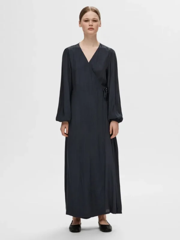 Kjoler>SELECTED SATIN SLÅ OM KJOLE Blue