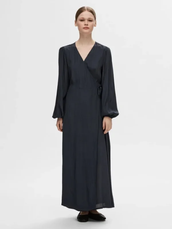 Kjoler>SELECTED SATIN SLÅ OM KJOLE Blue
