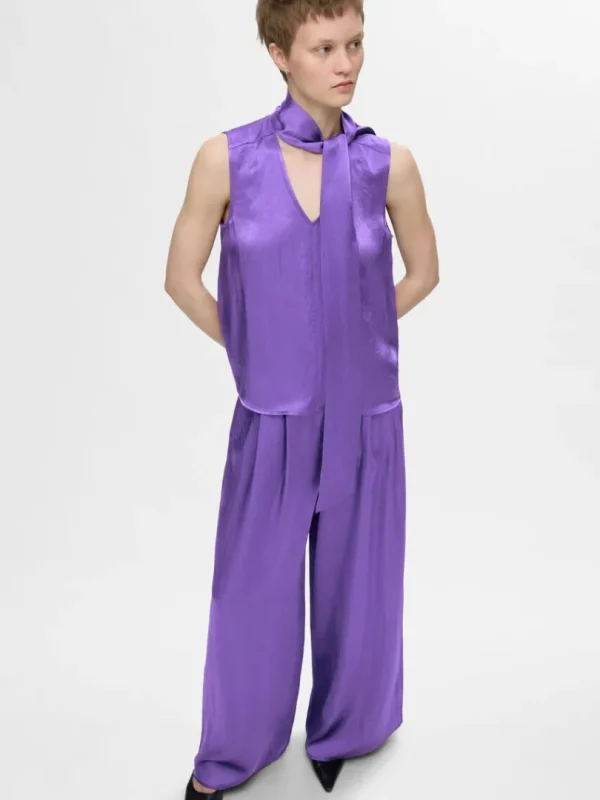 Toppe Og Bluser>SELECTED SATINSLØJFE I HALSEN TOP Purple
