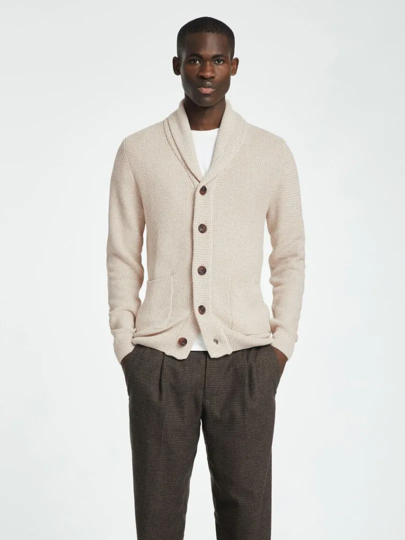 shawlneck_strikket_cardig_0.webp Strik>SELECTED SHAWL-NECK STRIKKET CARDIGAN Beige