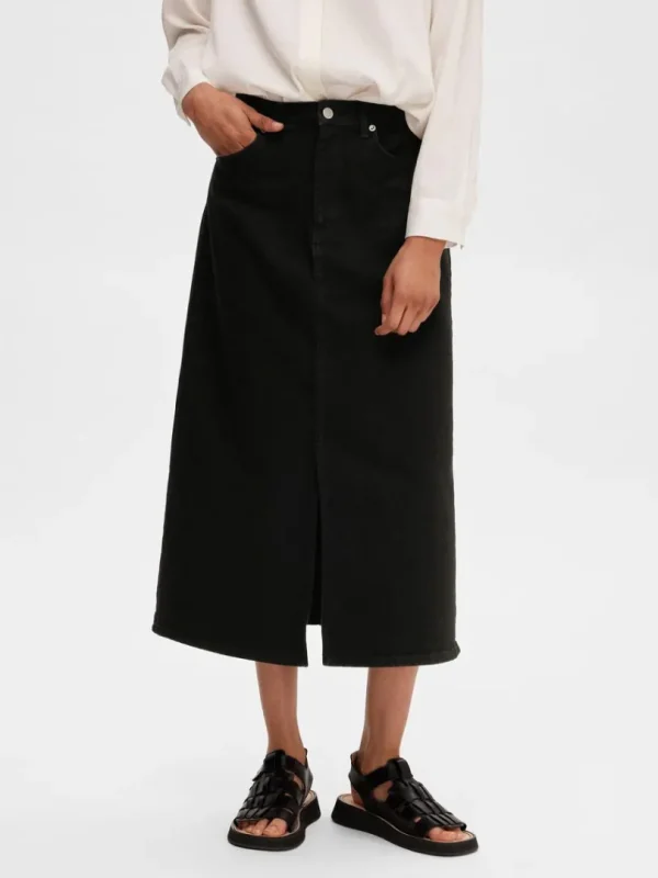 Nederdele>SELECTED SORT DENIM MIDINEDERDEL Black