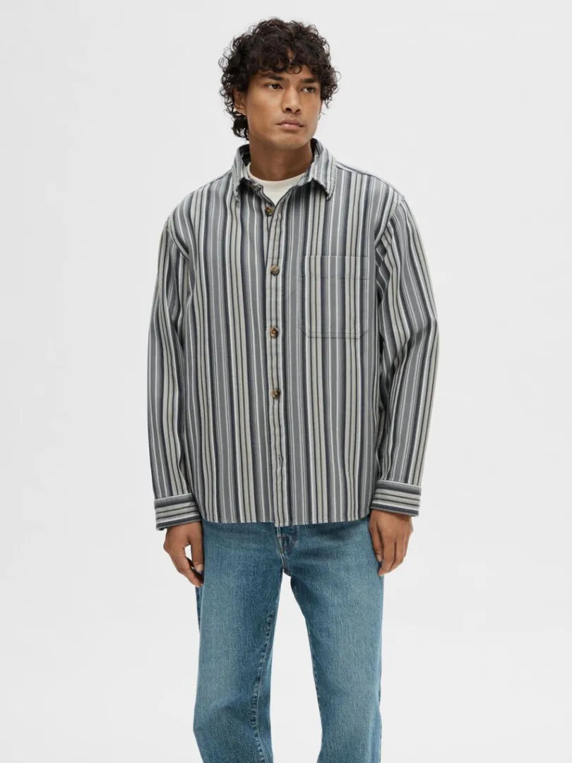 stribet_bomuld_overshirt_0-1.webp Overtøj | Skjorter>SELECTED STRIBET BOMULD OVERSHIRT Blue