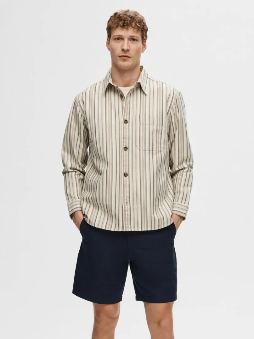 stribet_bomuld_overshirt_0.webp Overtøj | Skjorter>SELECTED STRIBET BOMULD OVERSHIRT Beige
