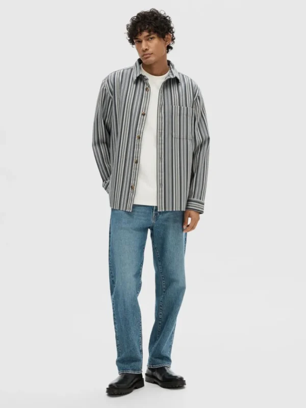 Overtøj | Skjorter>SELECTED STRIBET BOMULD OVERSHIRT Blue