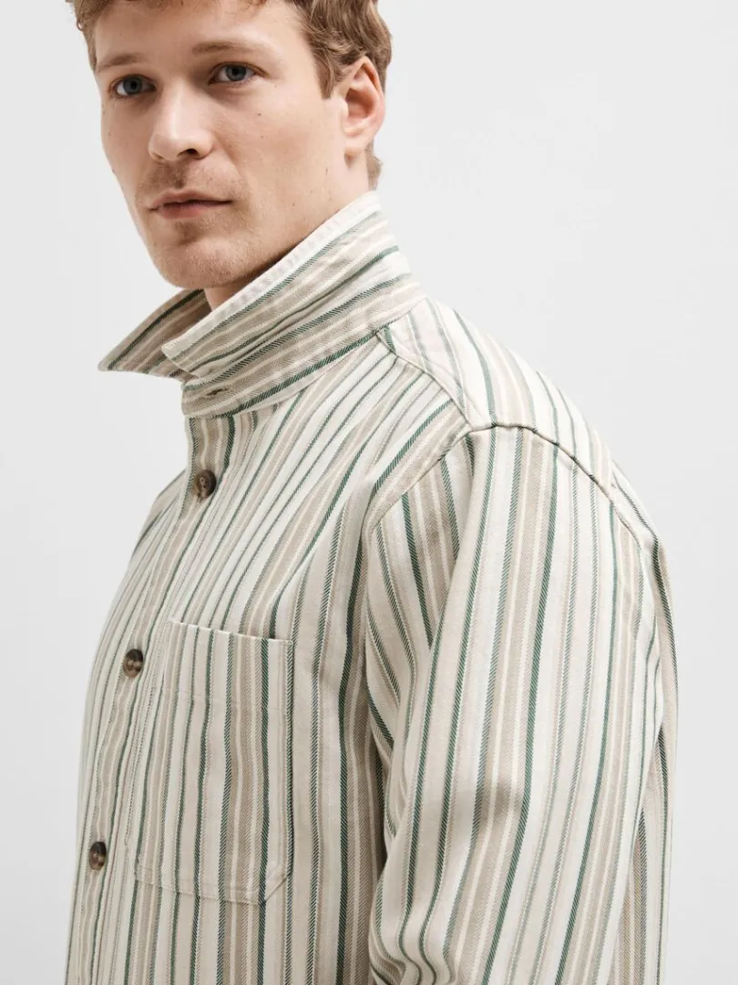 stribet_bomuld_overshirt_3.webp Overtøj | Skjorter>SELECTED STRIBET BOMULD OVERSHIRT Beige