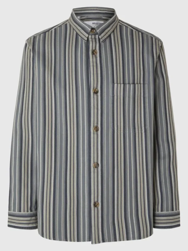 Overtøj | Skjorter>SELECTED STRIBET BOMULD OVERSHIRT Blue