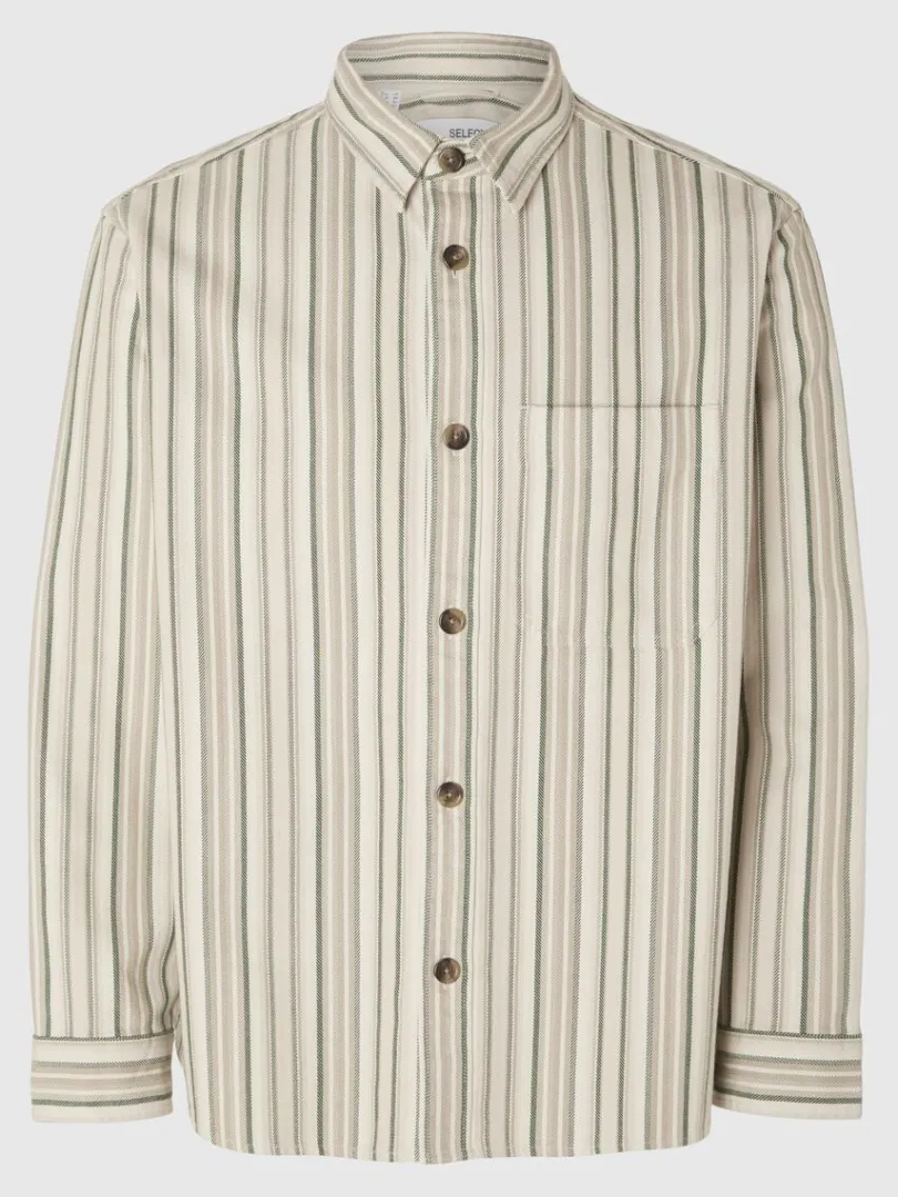 stribet_bomuld_overshirt_4.webp Overtøj | Skjorter>SELECTED STRIBET BOMULD OVERSHIRT Beige