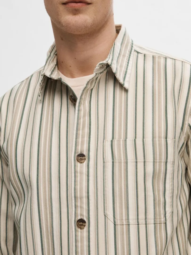 stribet_bomuld_overshirt_5.webp Overtøj | Skjorter>SELECTED STRIBET BOMULD OVERSHIRT Beige