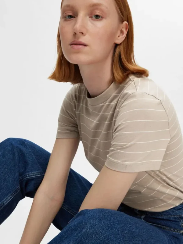 T-shirts>SELECTED STRIBET BOMULD T-SHIRT Beige