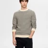 Strik>SELECTED STRIBET CREWNECK STRIKTRØJE Beige
