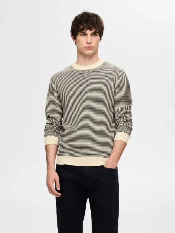 Strik>SELECTED STRIBET CREWNECK STRIKTRØJE Beige