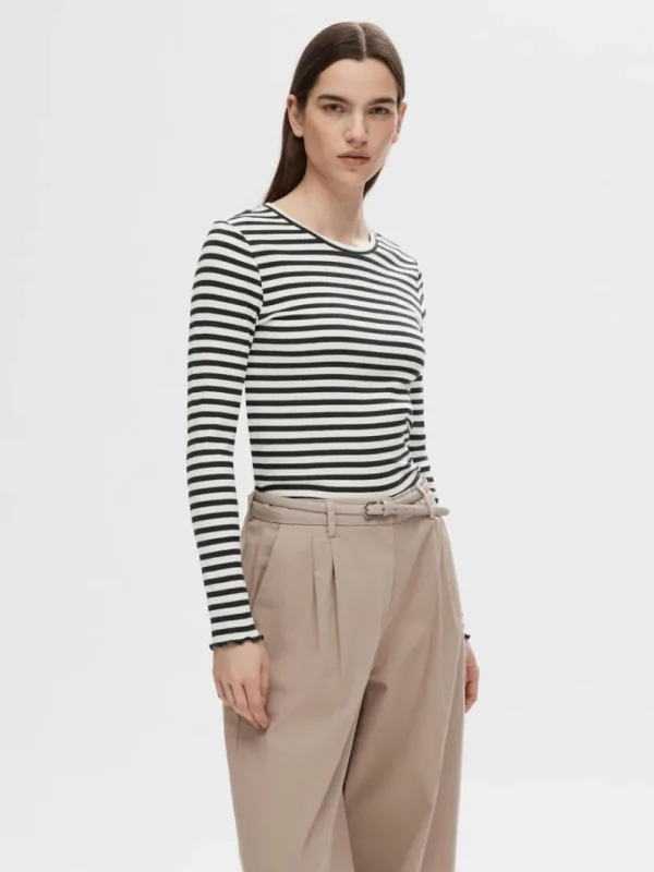 T-shirts>SELECTED STRIBET LANGÆRMET T-SHIRT Black