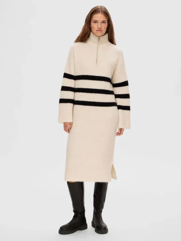 Kjoler>SELECTED STRIBET MIDIKJOLE Beige