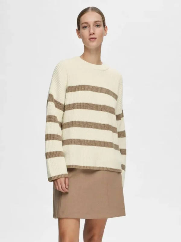 Strik>SELECTED STRIBET STRIKTRØJE Beige