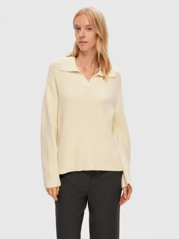 Strik>SELECTED STRIKKET POLO PULLOVER Beige