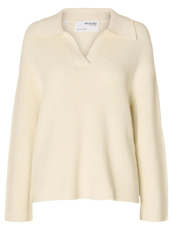 Strik>SELECTED STRIKKET POLO PULLOVER Beige
