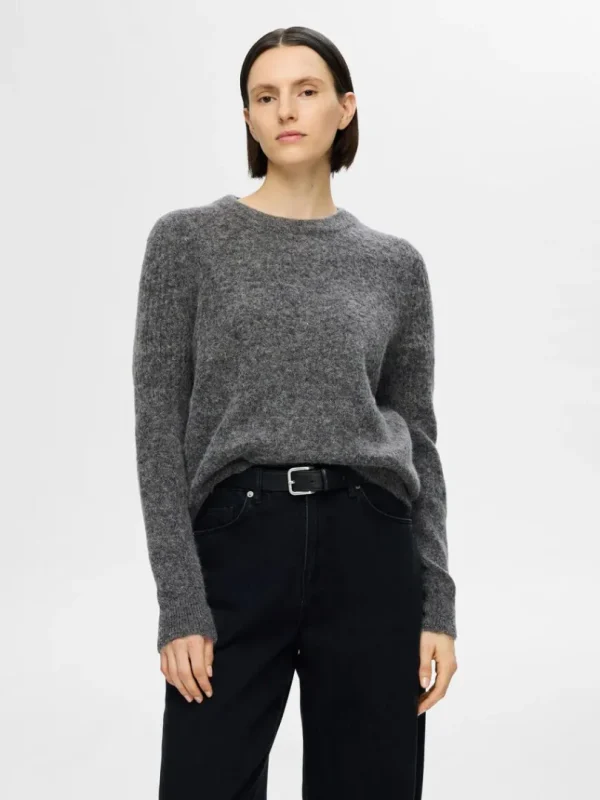 Strik>SELECTED STRIKKET SWEATER MED RUND HALS Grey