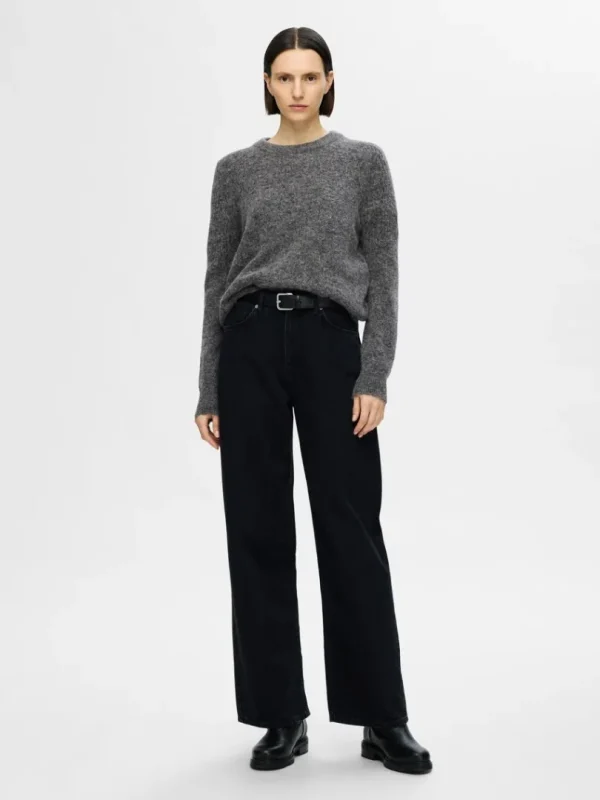 Strik>SELECTED STRIKKET SWEATER MED RUND HALS Grey