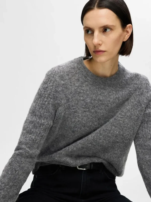 Strik>SELECTED STRIKKET SWEATER MED RUND HALS Grey
