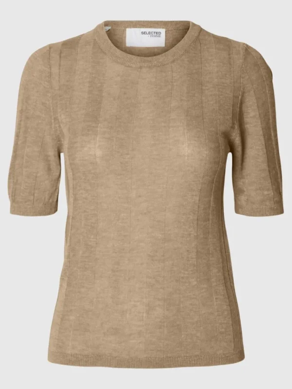 Toppe Og Bluser | Strik>SELECTED STRIKKET TOP MED KORTE ÆRMER Beige