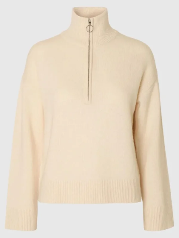 Strik>SELECTED STRIKKET TRØJE MED HALV LYNLÅS Beige