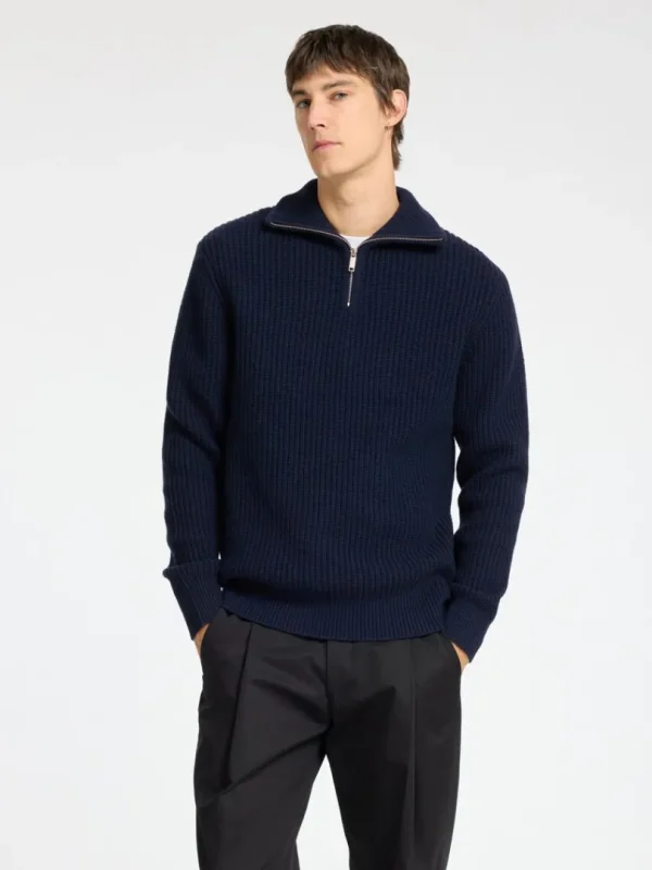 Strik>SELECTED STRIKKET TRØJE MED HALV LYNLÅS Blue