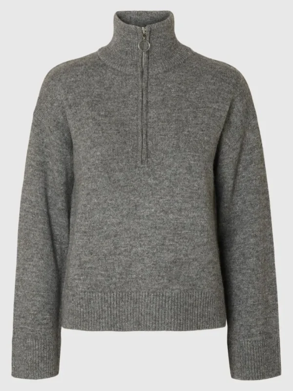 Strik>SELECTED STRIKKET TRØJE MED HALV LYNLÅS Grey