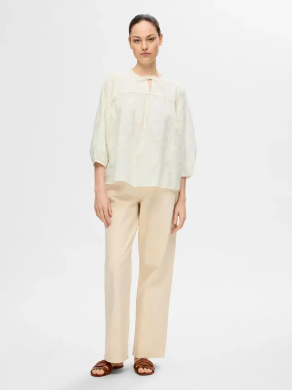 Toppe Og Bluser>SELECTED STRUKTUR BLUSE MED 3/4-ÆRMER White