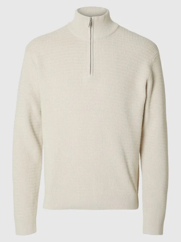 Strik>SELECTED STRUKTURERET TRØJE MED HALV LYNLÅS Beige