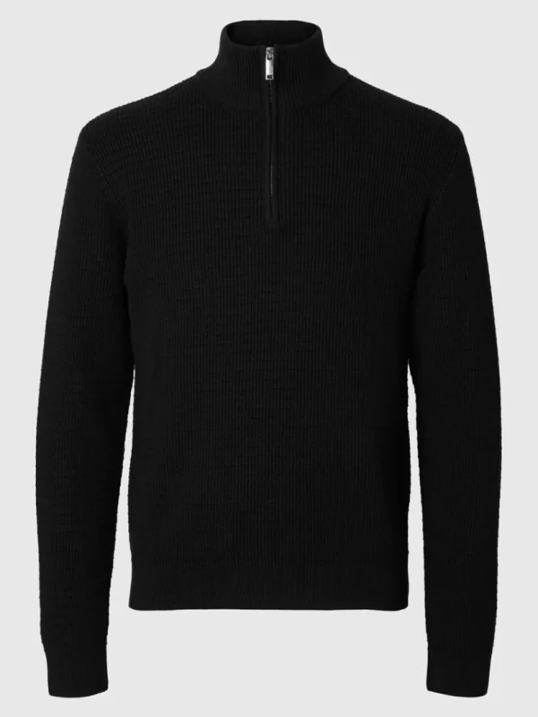 Strik>SELECTED STRUKTURERET TRØJE MED HALV LYNLÅS Black