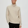 Strik>SELECTED TEKSTURERET RULLEKRAVE STRIKTRØJE Beige