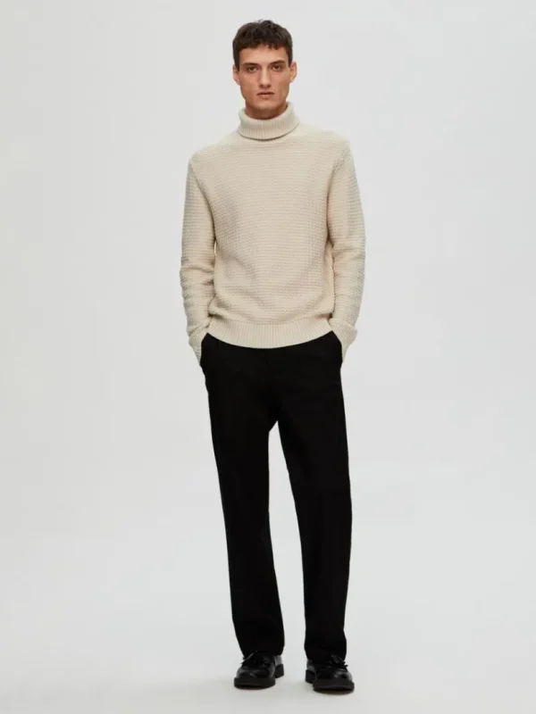 Strik>SELECTED TEKSTURERET RULLEKRAVE STRIKTRØJE Beige