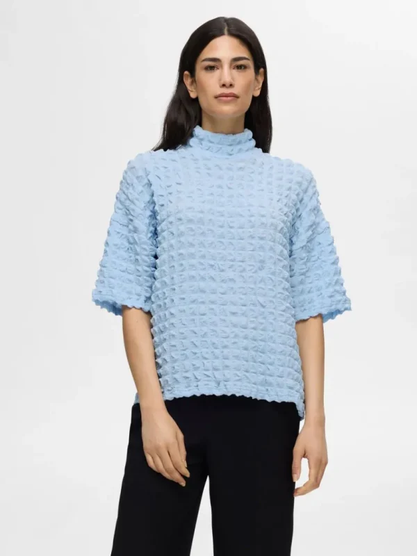 Toppe Og Bluser>SELECTED TEKSTURERET TOP MED KORTE ÆRMER Blue