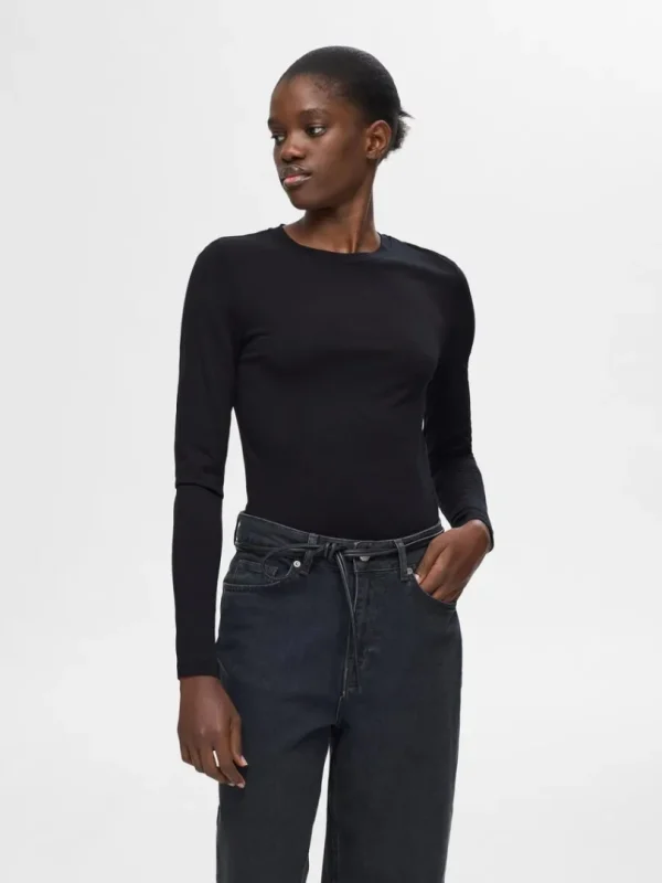 Toppe Og Bluser>SELECTED 100% ULD TOP MED LANGE ÆRMER Black