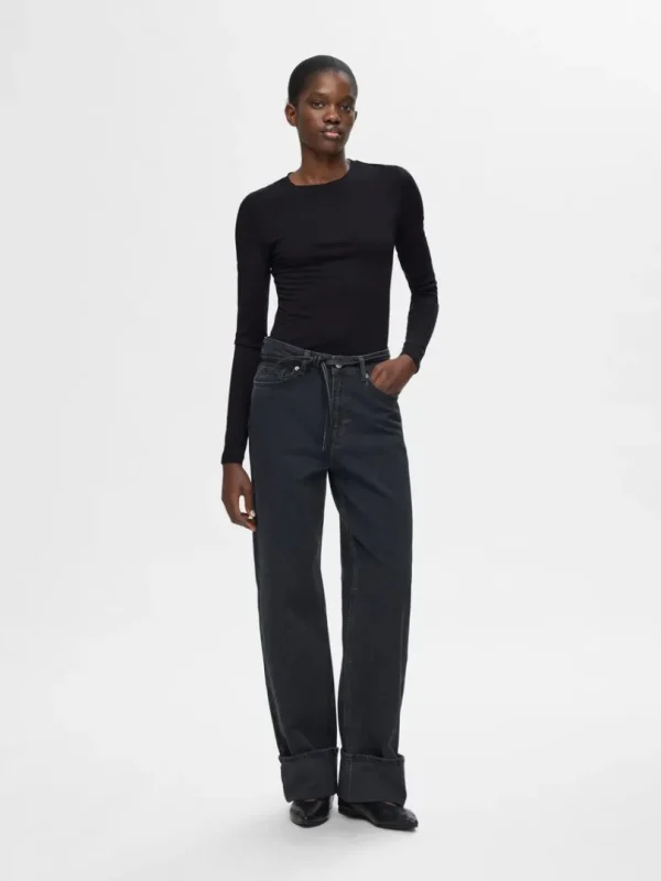 Toppe Og Bluser>SELECTED 100% ULD TOP MED LANGE ÆRMER Black