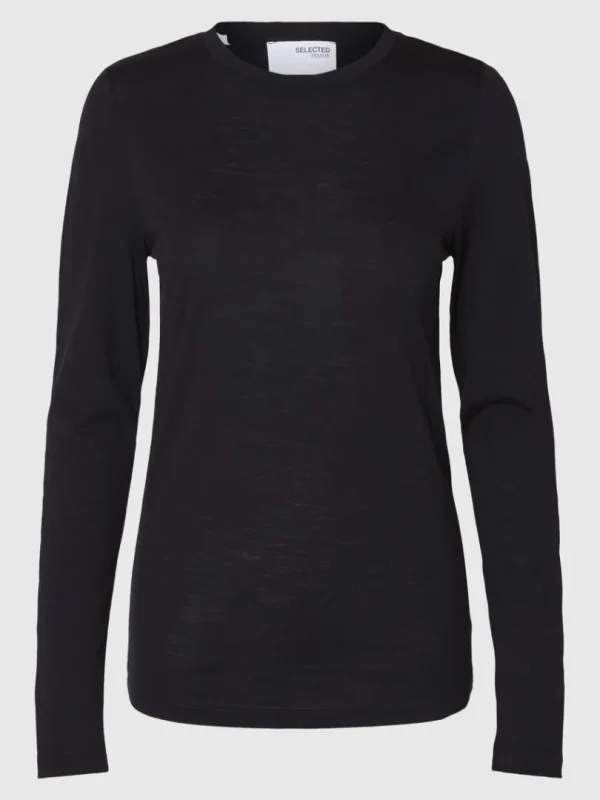 Toppe Og Bluser>SELECTED 100% ULD TOP MED LANGE ÆRMER Black