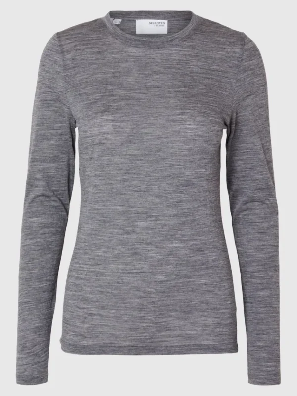 Toppe Og Bluser>SELECTED 100% ULD TOP MED LANGE ÆRMER Grey