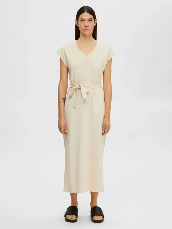 Kjoler>SELECTED V-NECK MIDIKJOLE Beige