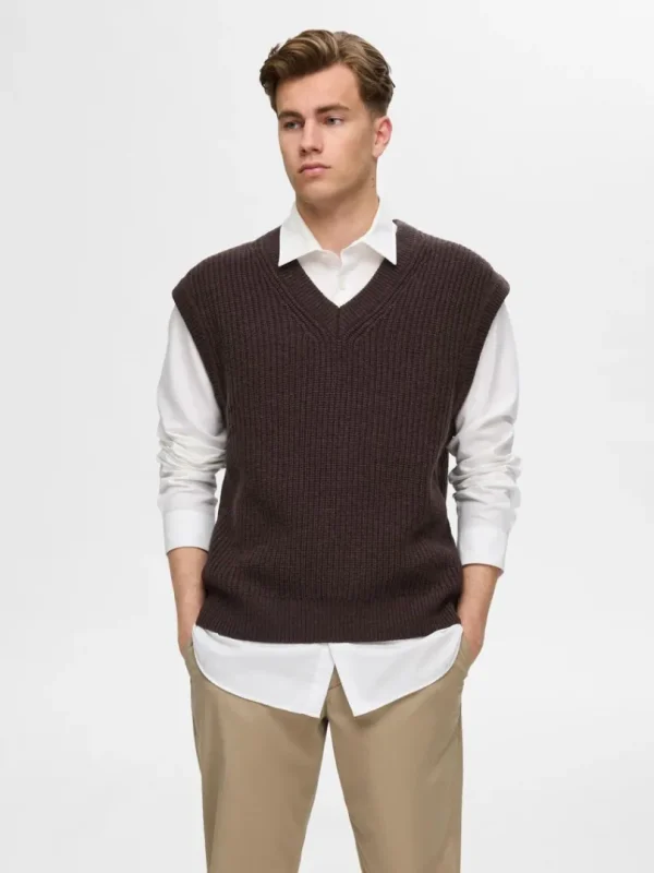 Overtøj>SELECTED V-UDSKÆRING STRIK VEST Brown