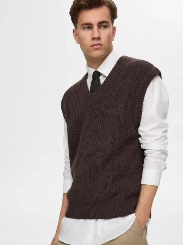 Overtøj>SELECTED V-UDSKÆRING STRIK VEST Brown