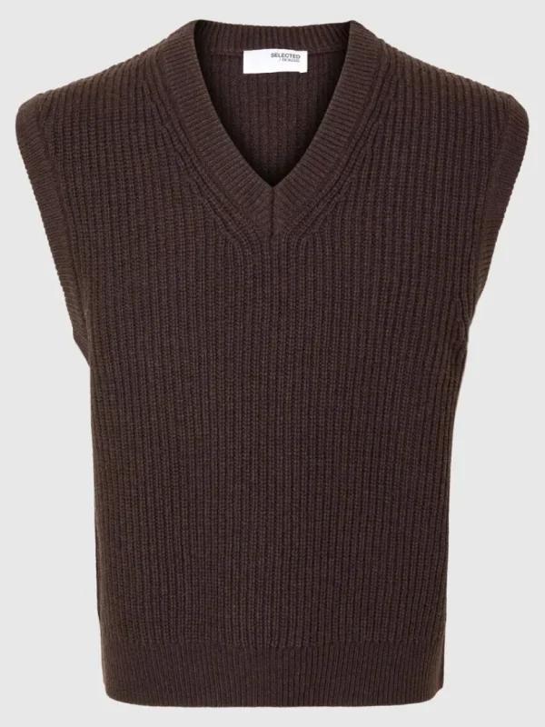 Overtøj>SELECTED V-UDSKÆRING STRIK VEST Brown