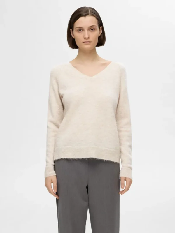 Strik>SELECTED V-UDSKÆRING STRIKTRØJE Beige