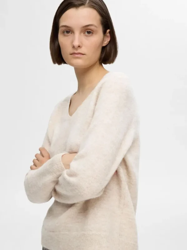 Strik>SELECTED V-UDSKÆRING STRIKTRØJE Beige