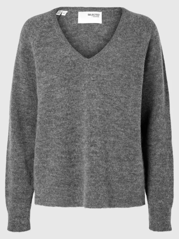 Strik>SELECTED V-UDSKÆRING STRIKTRØJE Grey